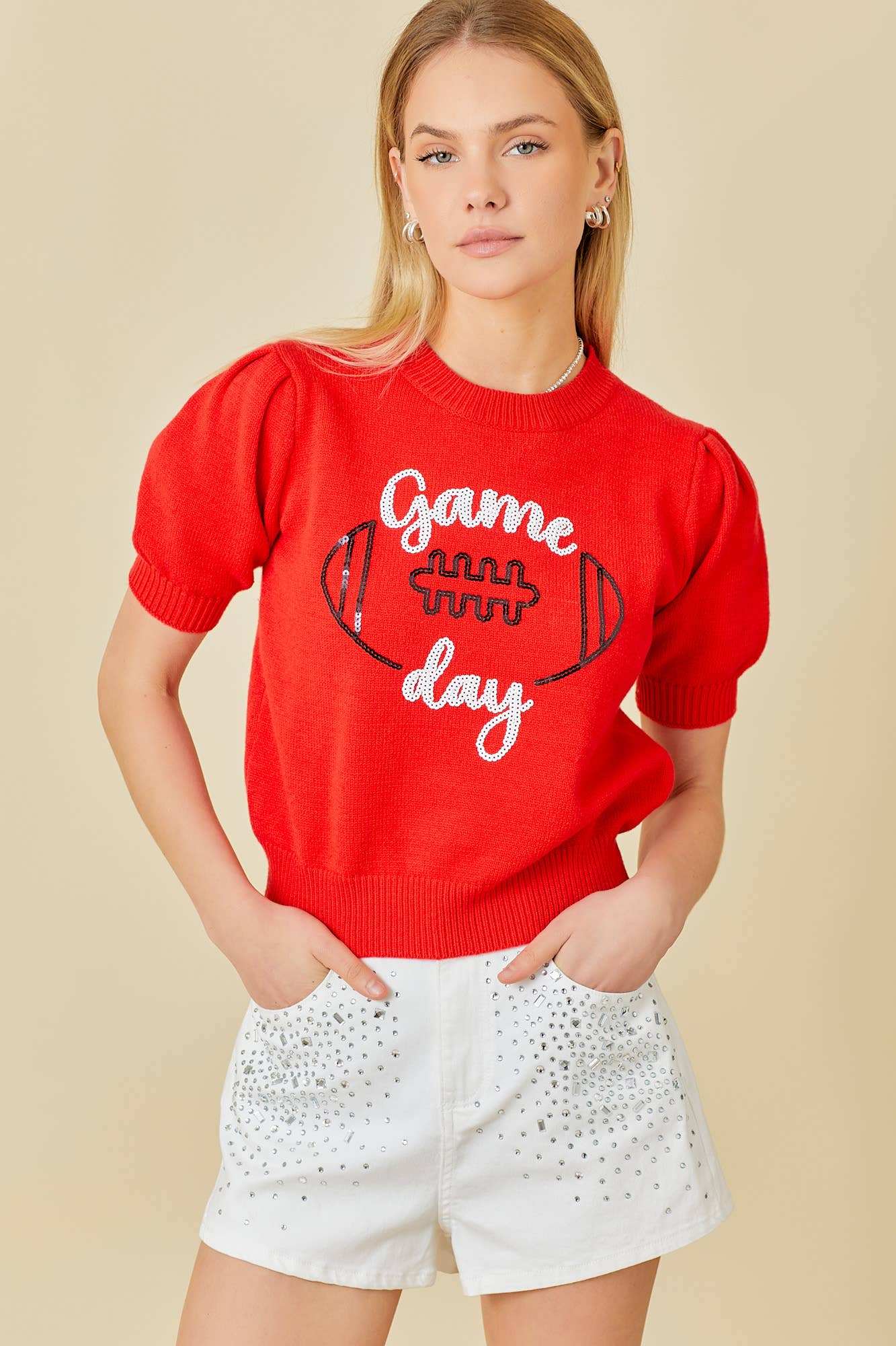 Game Day Puff Sleeve Sweater Top: Red / L