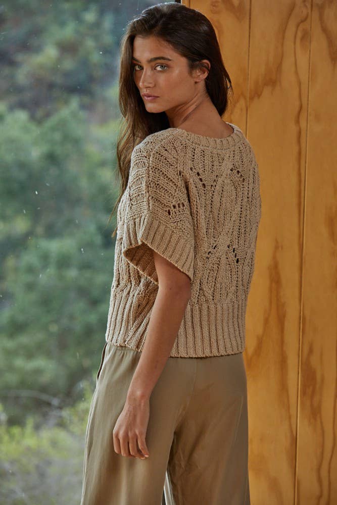W1124 | Knit Sweater Crochet Round Neck Short Sleeve Top: Olive / Medium