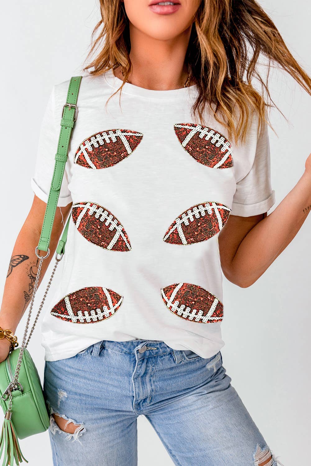 LDC  Sequined Rugby Football Graphic Cotton T Shirt: White / XL