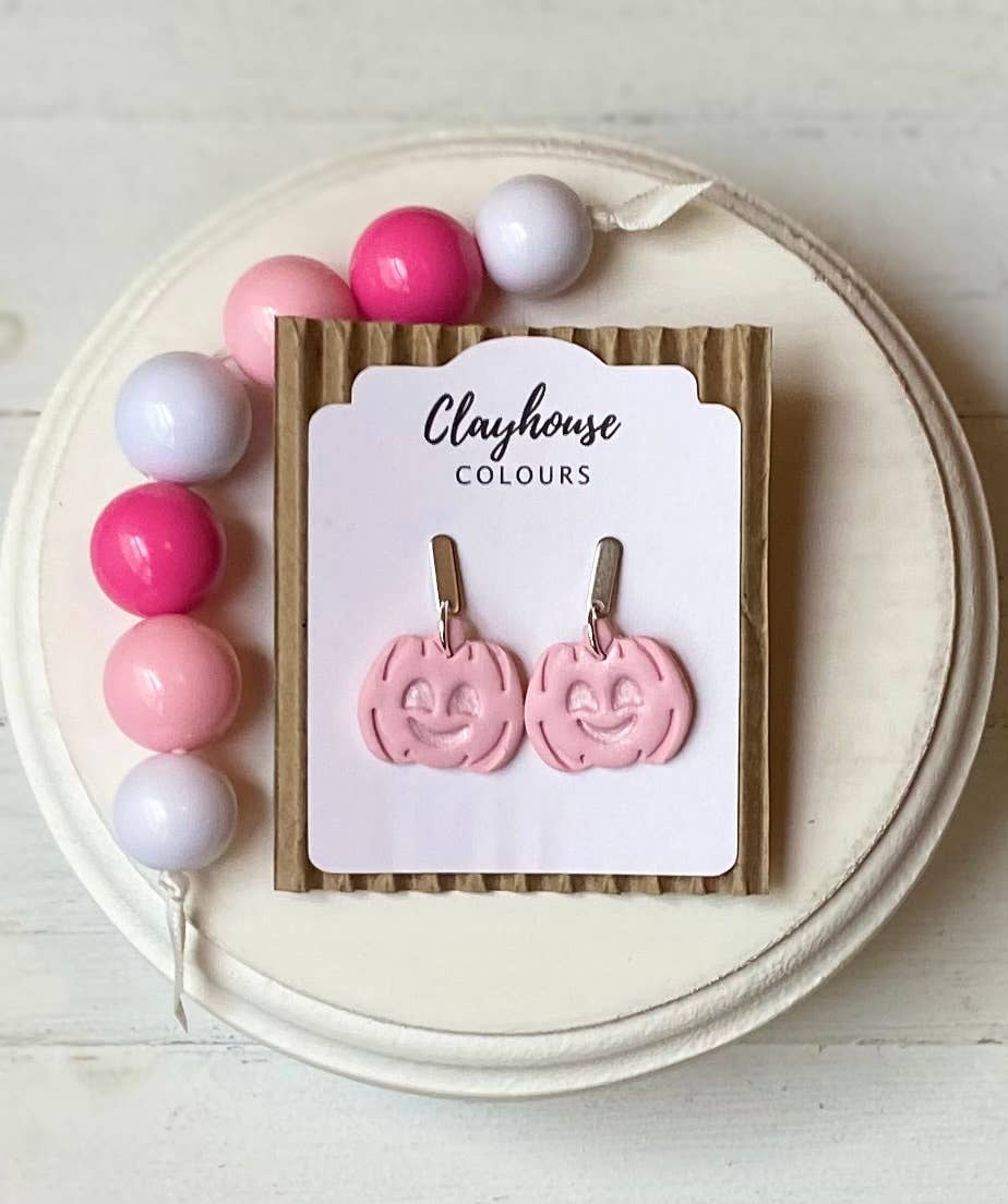 Pink Ghost & Pumpkin Earrings: Silver / Jack-O-Lantern