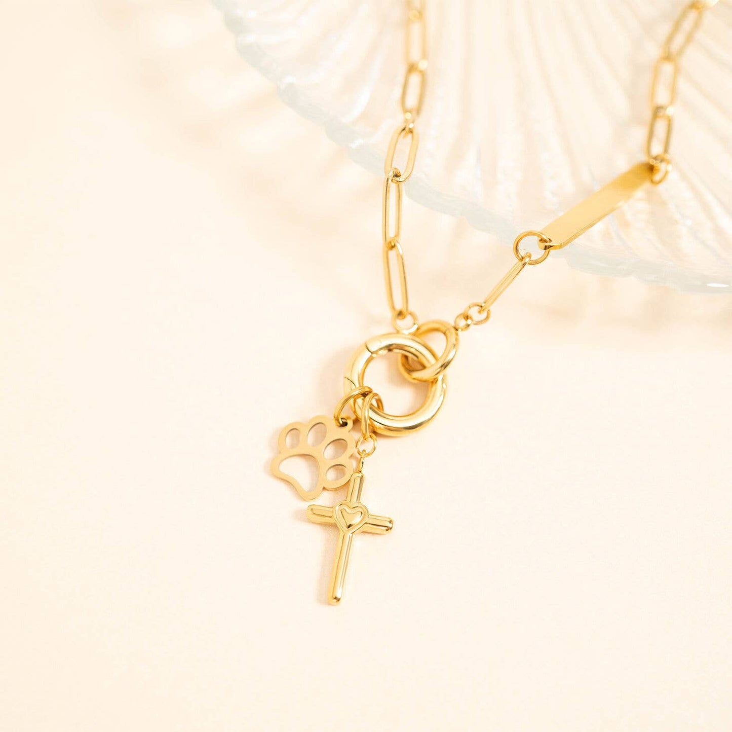 18K Gold PVD Stainless Steel Heart in Cross Charm: Gold