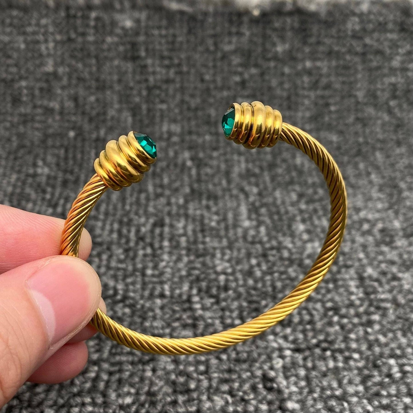 Inlaid Zircon18K Gold Plated SS Spiral Cuff - FGS: Green