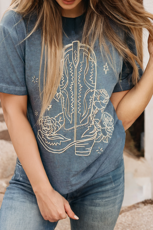 LDC Western Cowboy Boots Flower Graphic Tee: As Shown / L