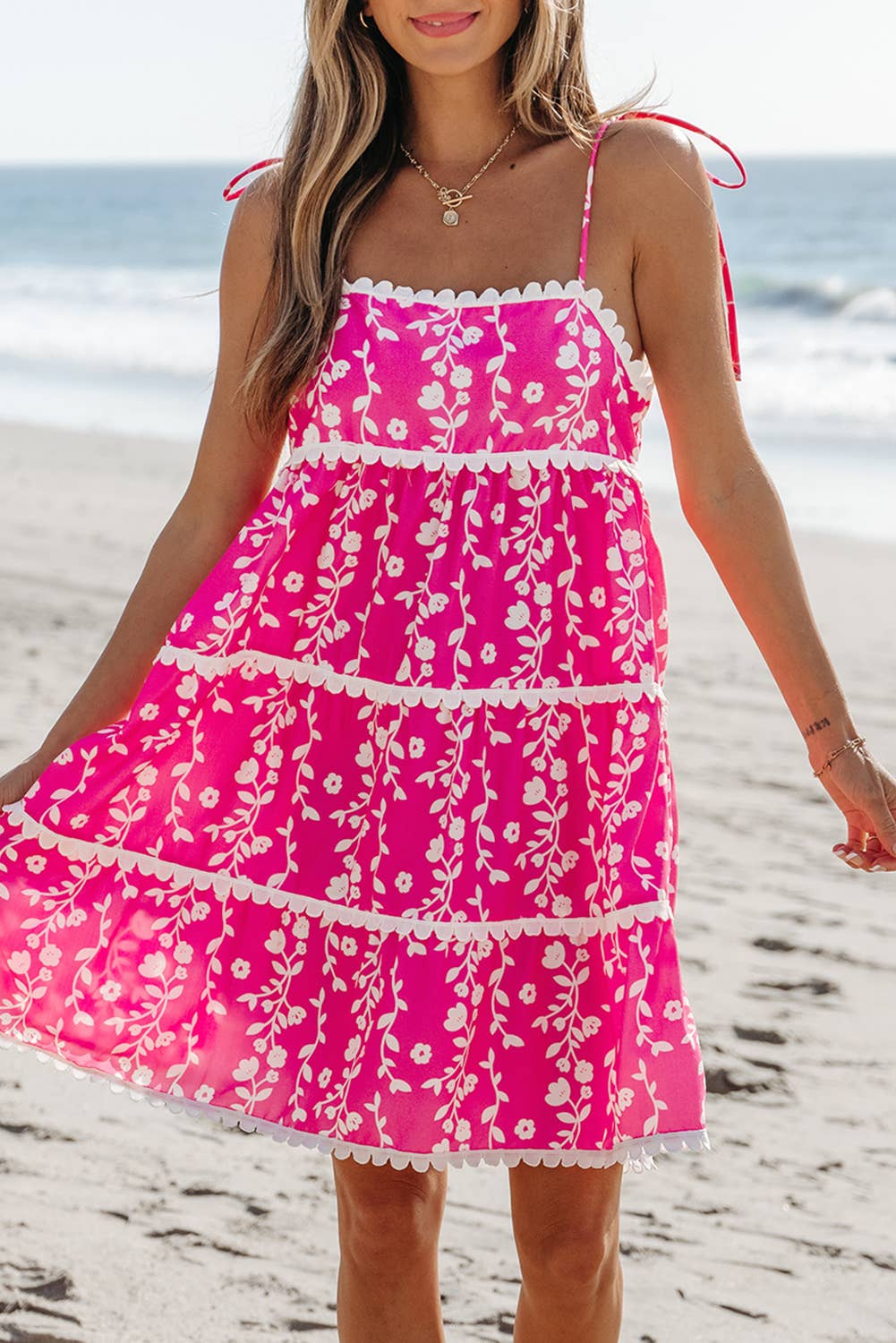 LDC Floral Print Ric Rac Patched Sleeveless Mini Dress: Pink / M