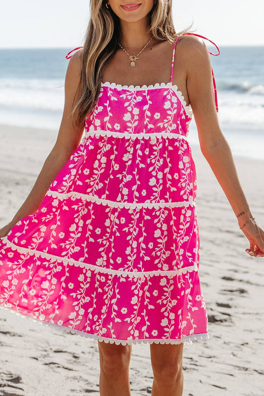 LDC Floral Print Ric Rac Patched Sleeveless Mini Dress: Pink / s