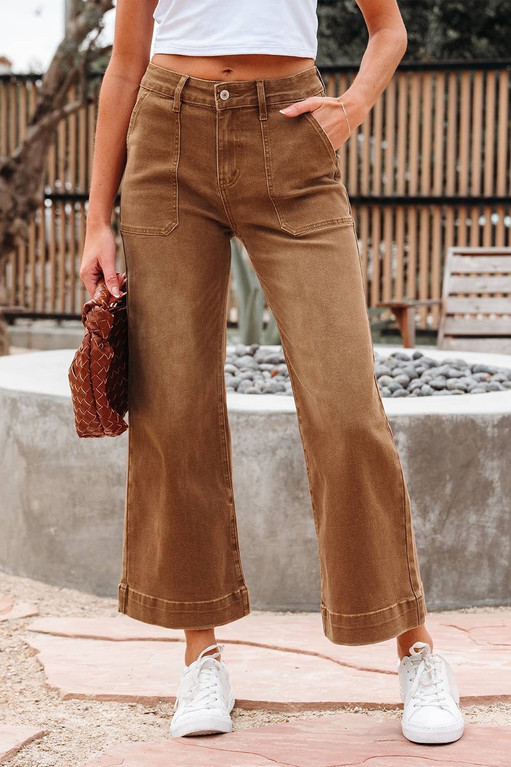 Breen Cropped High Rise Wide Leg Jeans: Brown / S