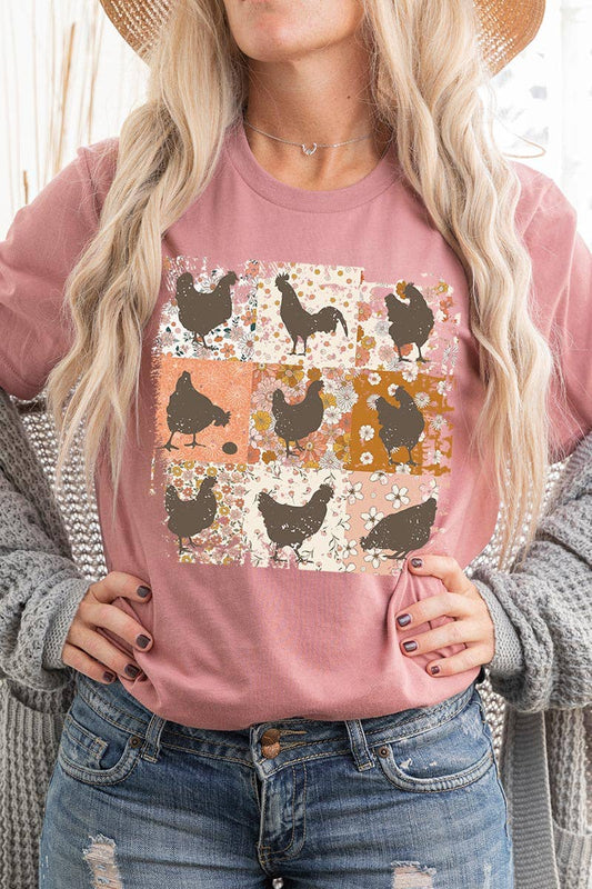 RETRO VINTAGE CHICKENS UNISEX SHORT SLEEVE,GRAPHIC: MAUVE / L