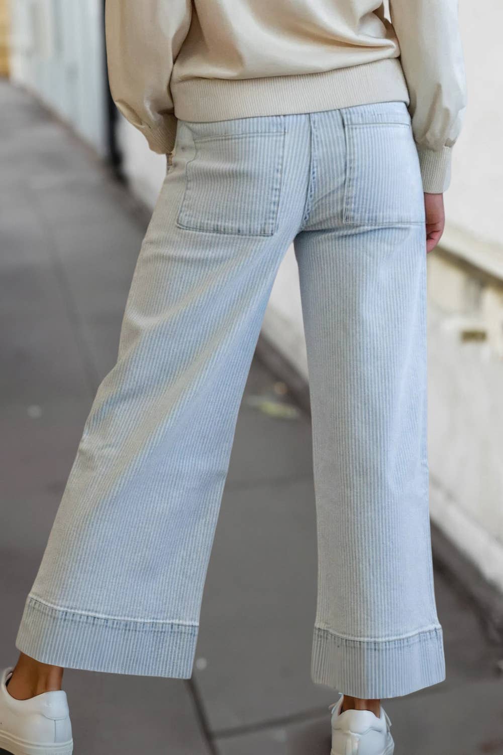 Casual Flap Pocket Cuffed Hem Wide Leg Jeans | 4-16: Sky Blue Stripe / 12