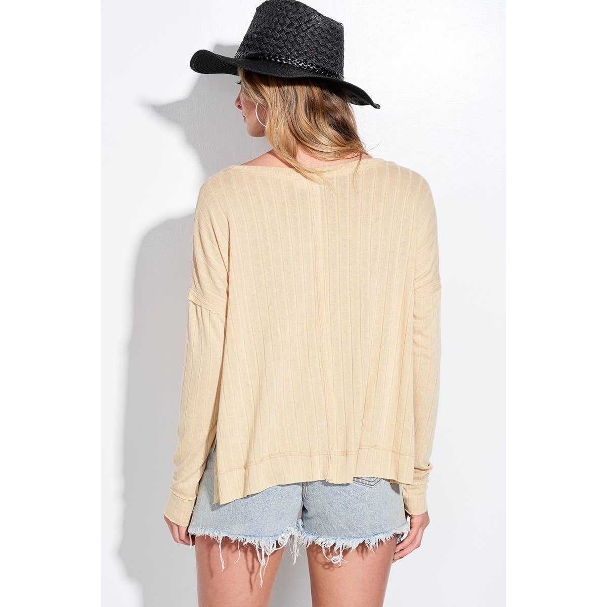 Holiday champagne bottle v neck long sleeve top: Butter / M