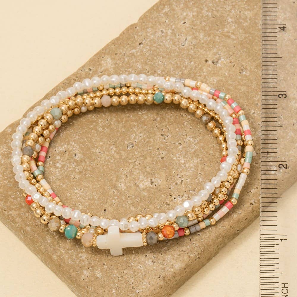 Sea Shell Cross Charm Mixed Mini Beaded Bracelet Set: MINT