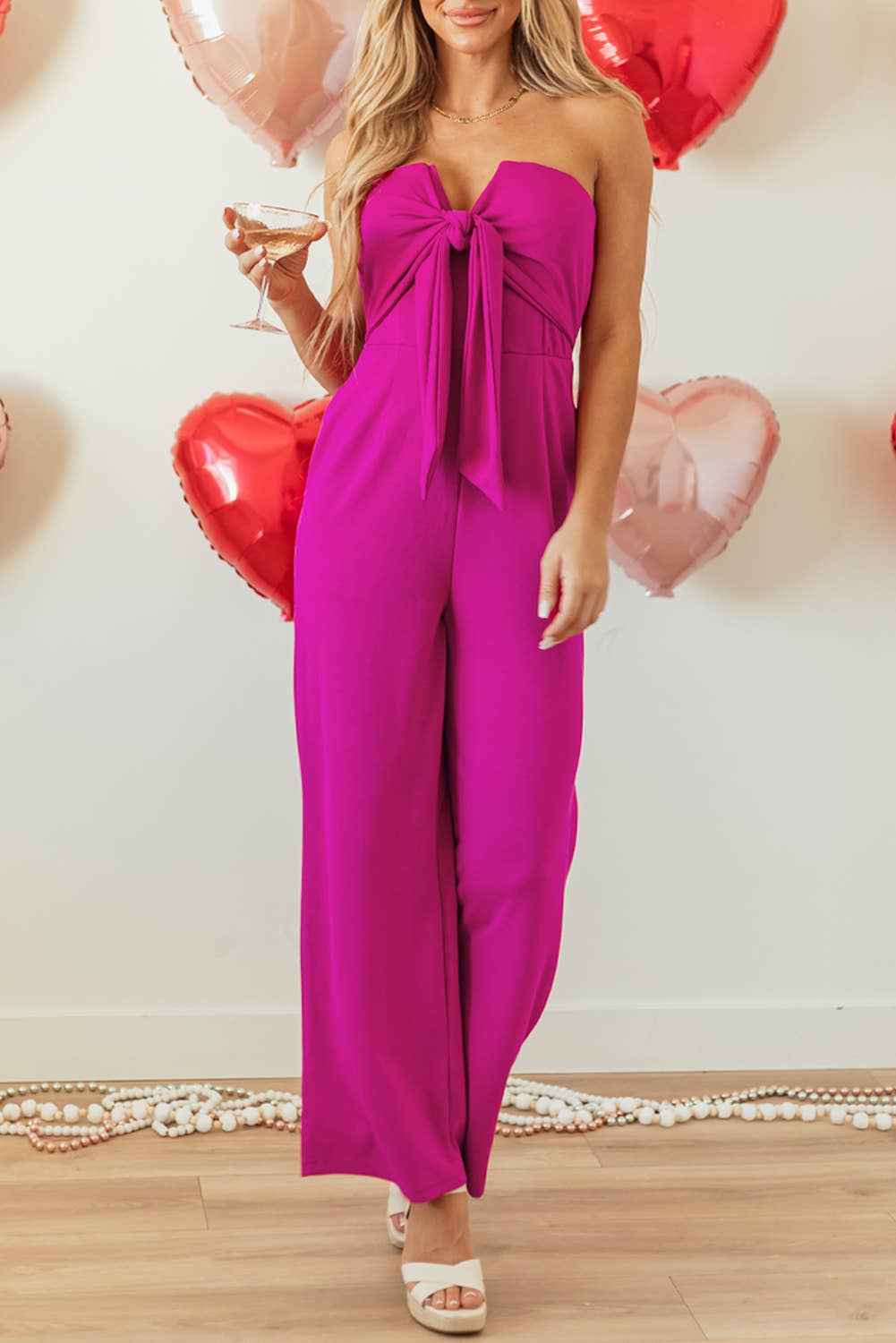 Bow Strapless Wide Leg Jumpsuit: Bright Pink / XL