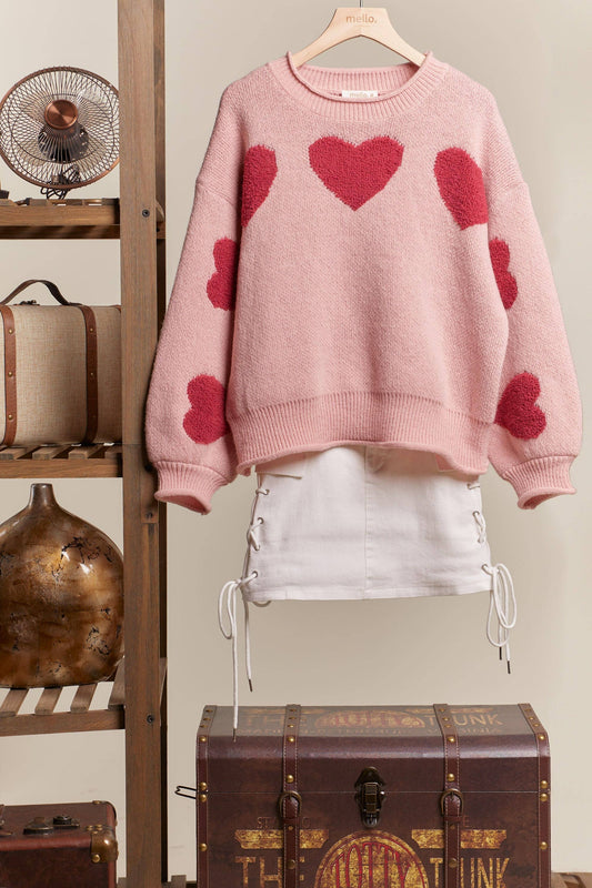 Heart Patched Loose Fit Sweater: Pink / S