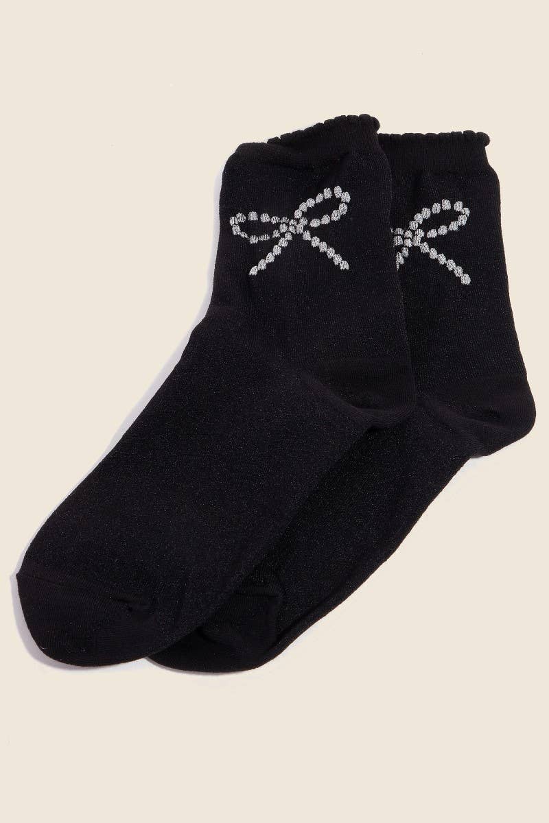 Silver Glitter Ribbon Bow Embroidered Black Socks: Black