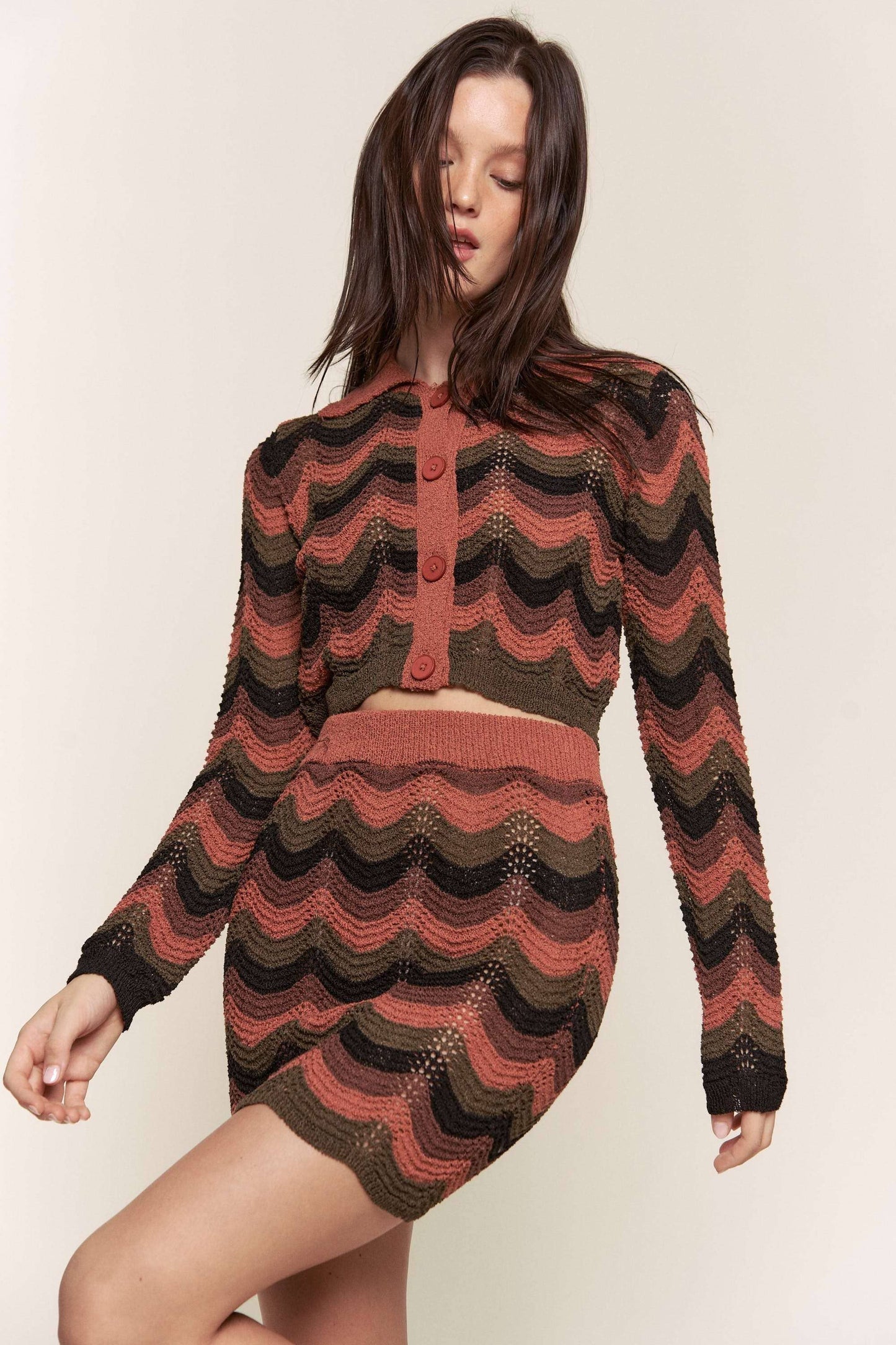 MISSONI MULTI COLOR BUTTON DOWN TOP AND SKIRTSET: BROWN MULTI / L