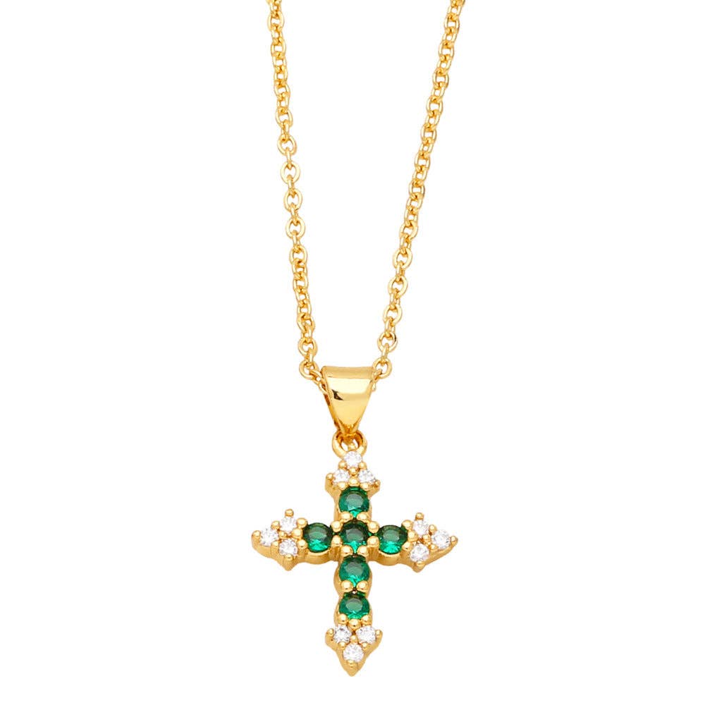 Colorful Cubic Zirconia Cross Pendant Necklace: Pink