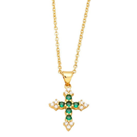 Colorful Cubic Zirconia Cross Pendant Necklace: Green