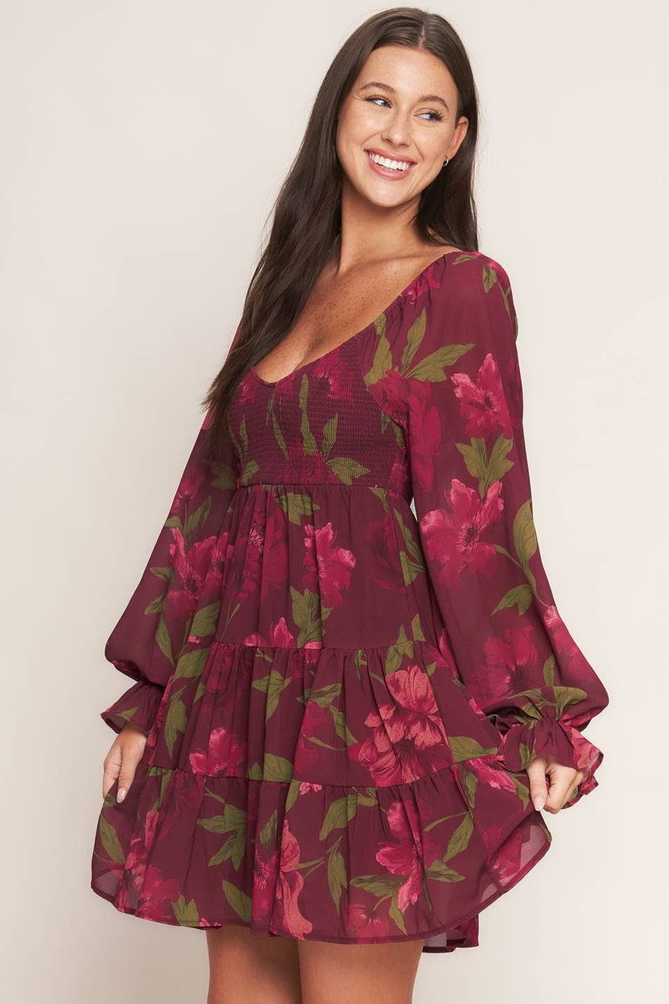 A printed woven mini dress - ID23196: Burgundy / Contemporary / M