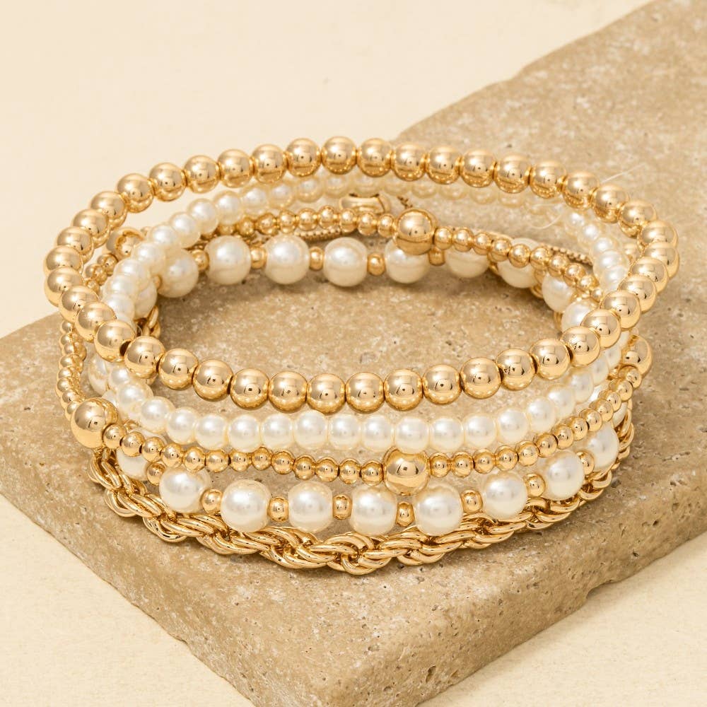 Pearl And Metallic Beaded Bracelet Set: GD