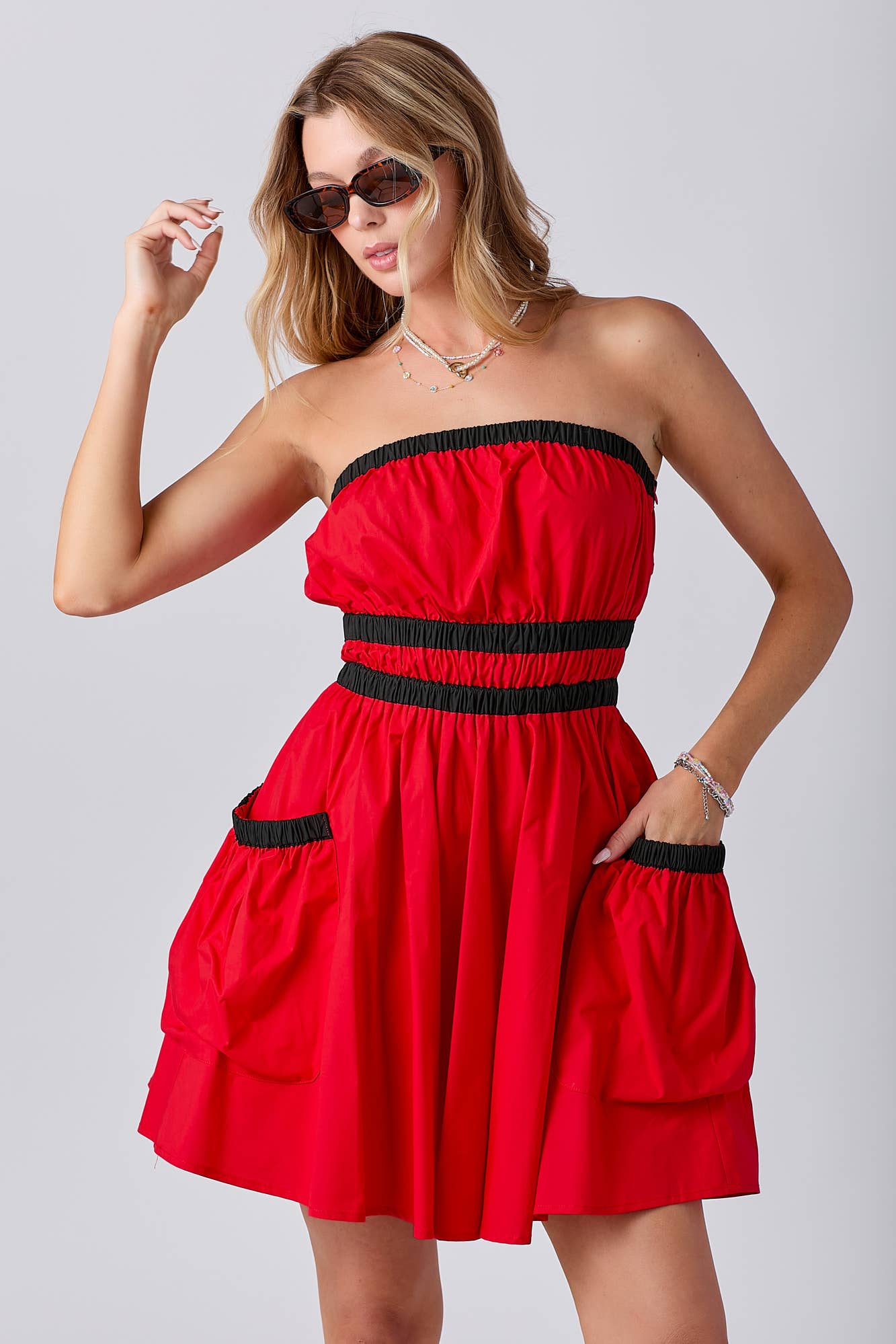 Gameday Contrast Gathered Over Sized Pocket Tube Dress : RED/BLK / L