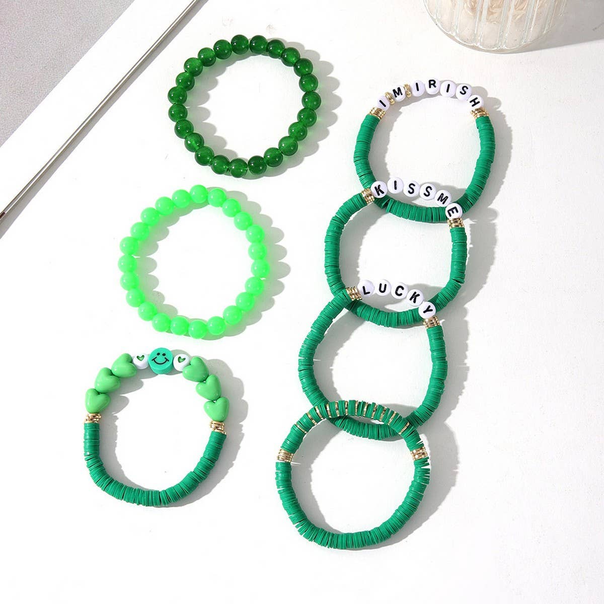ST PATRICKS DAY GREEN SMILEY FACE BRACELET SET_CWMM3501: Green / OS