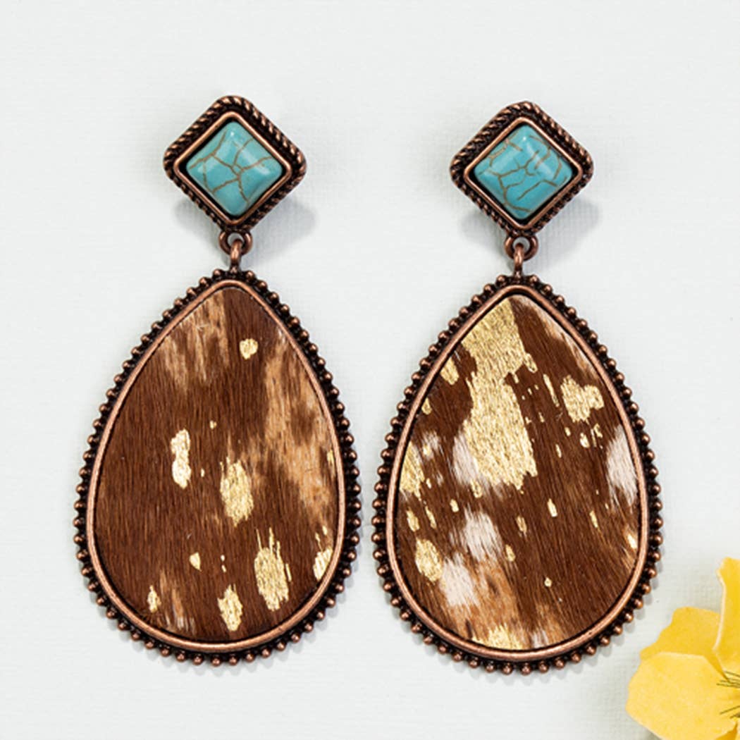 Turquoise Animal Hide Earrings: BROWN AND COPPER