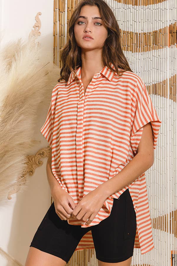 T1702-1C  Short Dolman Sleeve Oversized Stripe Shirt Top: Coral / S-M-L (2-2-2)