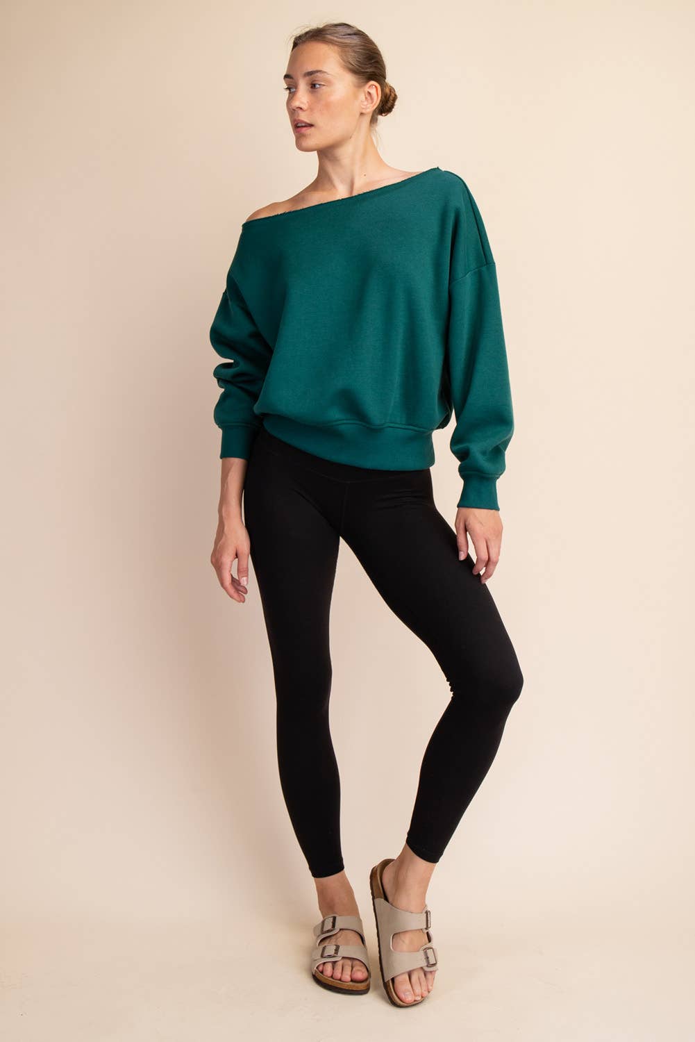 FRENCH TERRY FLEECE OFF SHOULDER SWEATSHIRT: Eucalyptus / S-M-L(2-2-2)