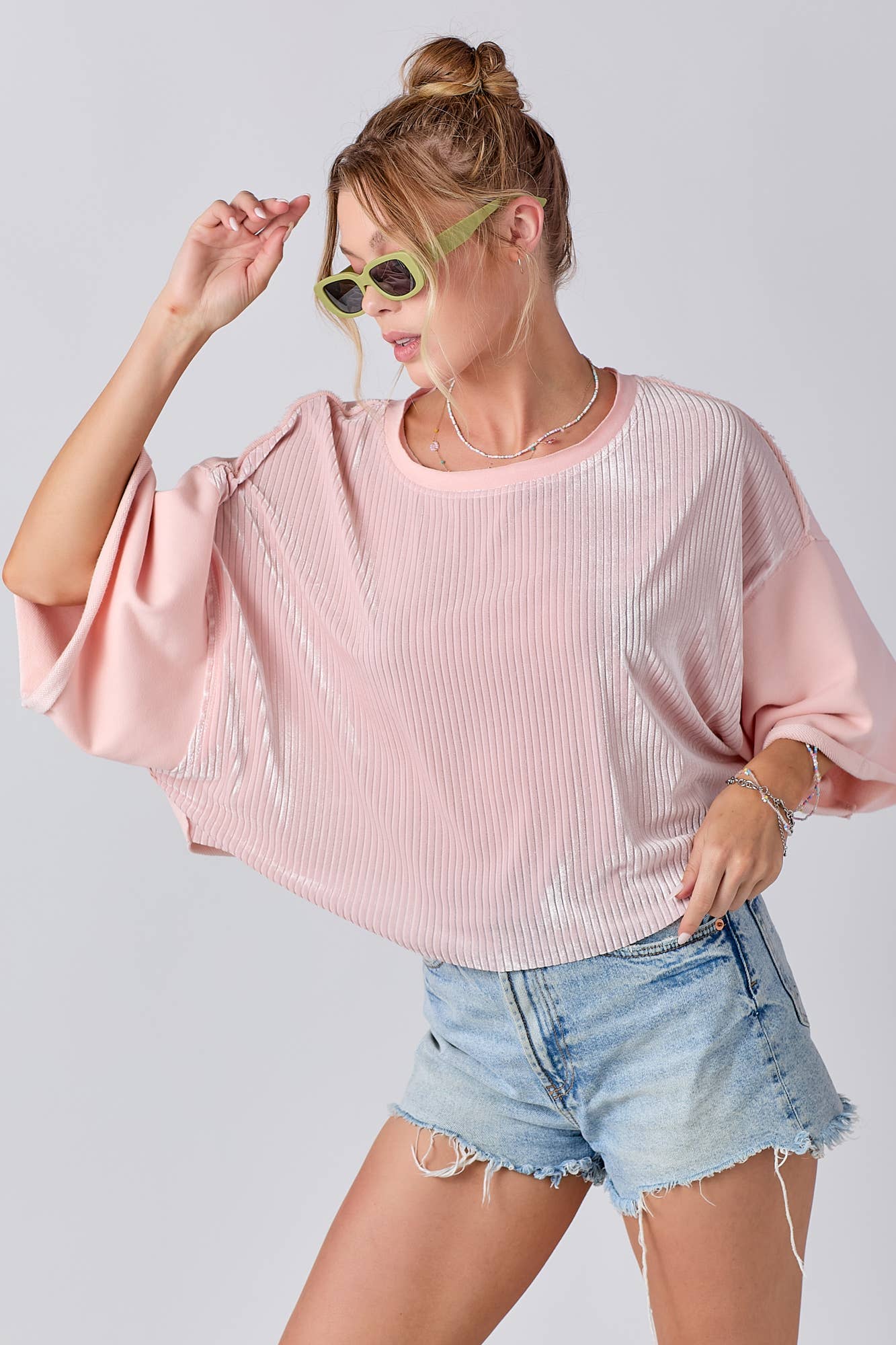 Mixed Fabric Round Neck Knit Top: IVORY / M