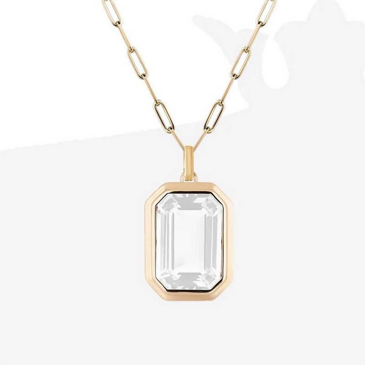SQUARE ZIRCON PENDANT PAPERCLIP CHAIN NECKLACE_CWMM3845: Blue / OS