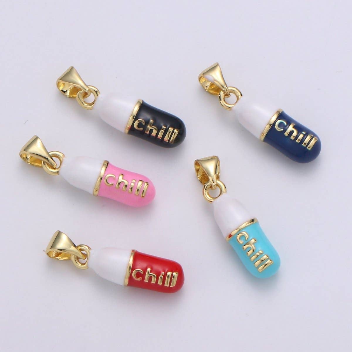 Mini 24K Gold Filled Pill Bar Charm Enamel Pink Love Chill Happy Pill Pendant for Bracelet Necklace Earring Component Supply 23x5mm J-203~J-207,J-209~J-213,J-244~J-248: Chill Teal