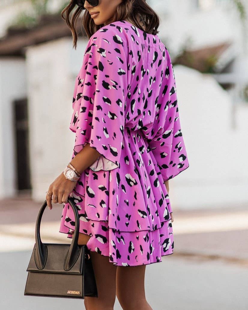 V-Neck Print Waist Cinched Dolman Sleeve Dress: Orange / S