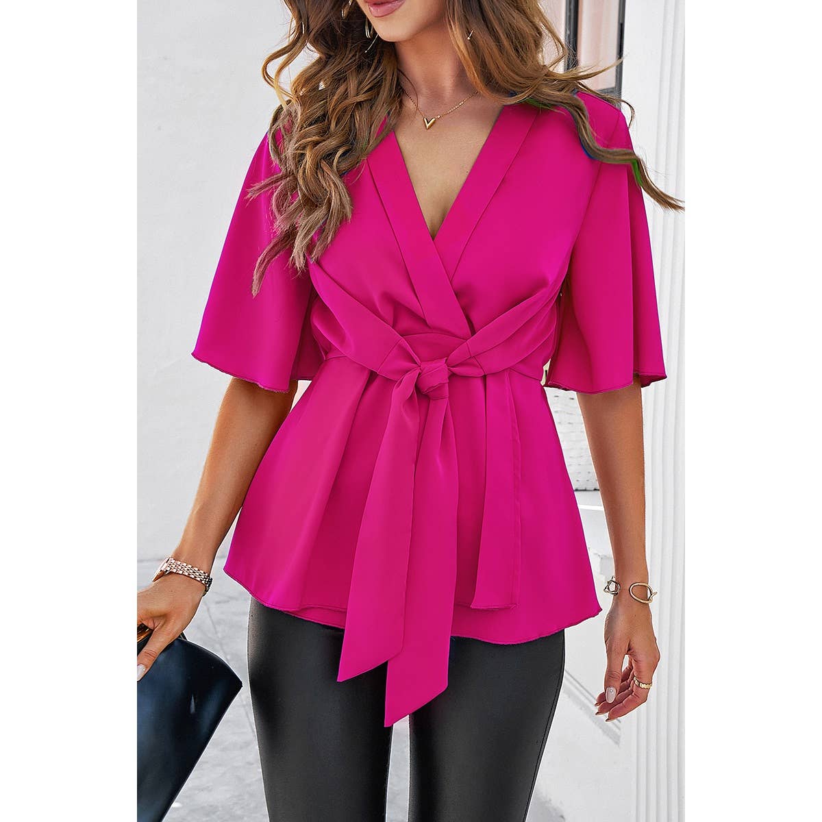 Wide Sleeve Deep V Knot Cross Ruffle Fit Blouse: BLUE / L