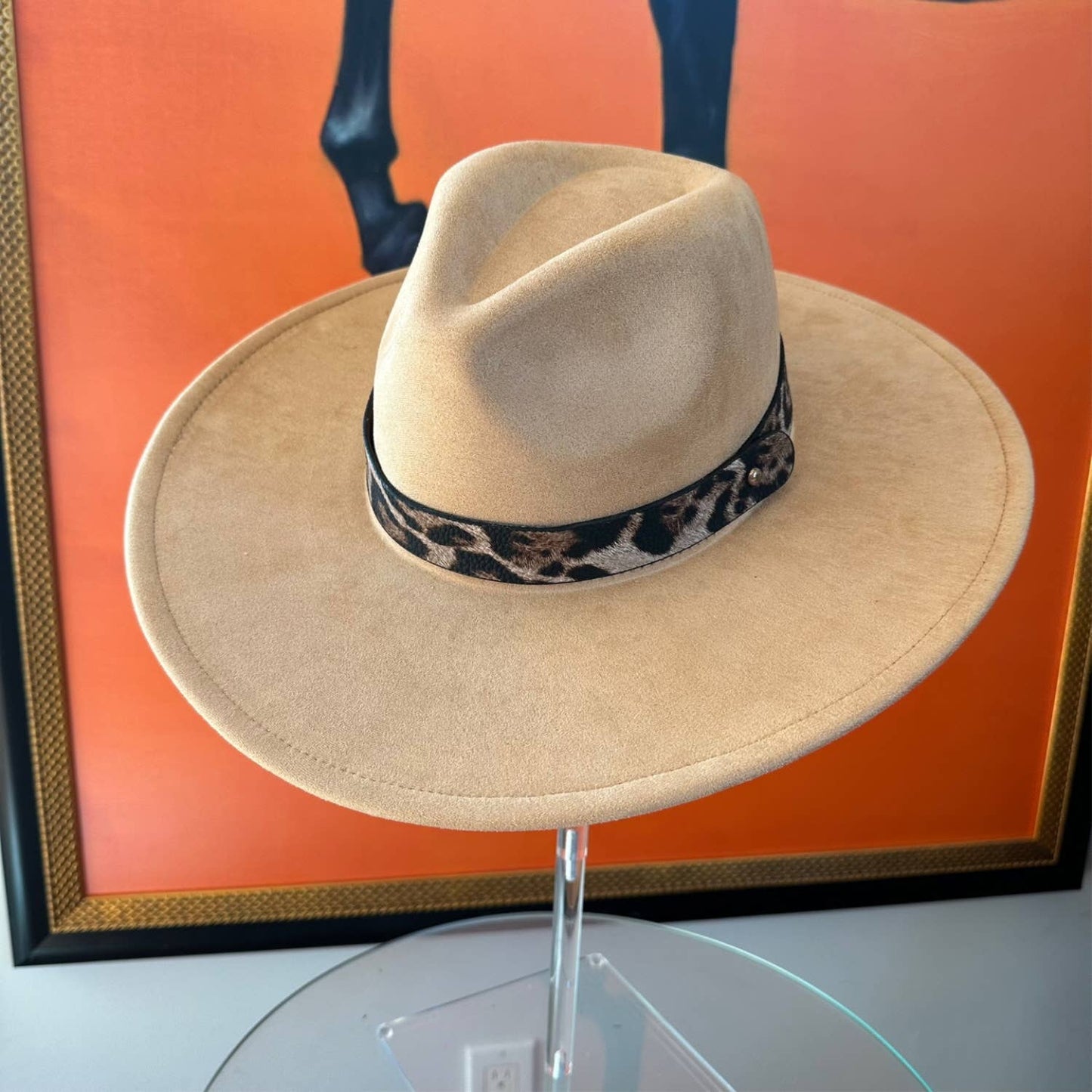 Wide Brim Suede Hat W/ Leopard printed belt: TEAL / ONE SIZE