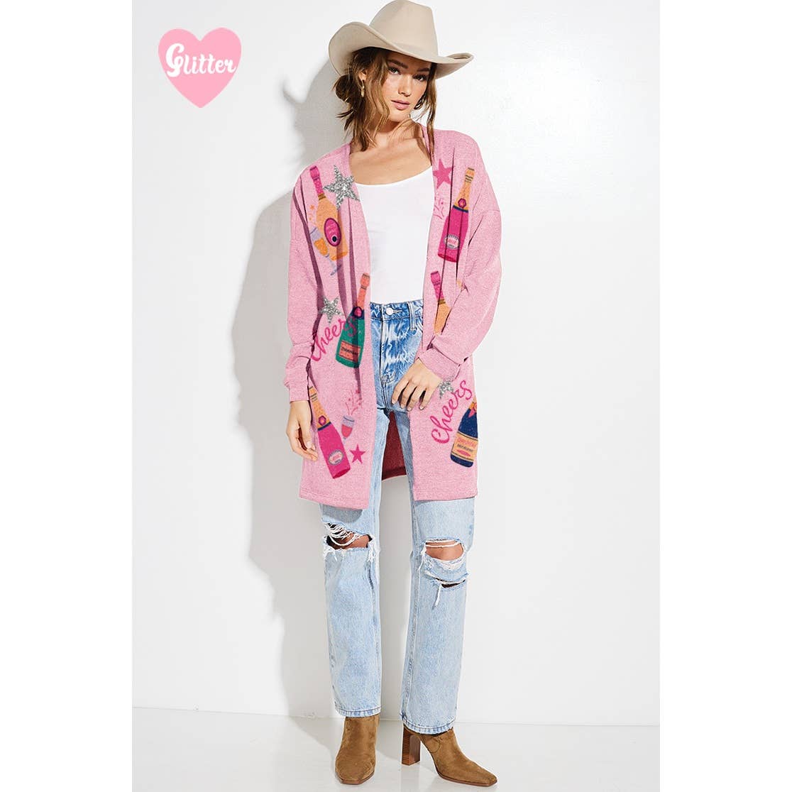Holiday Cheers Glitter print Knit Cardigan: KHAKI / S