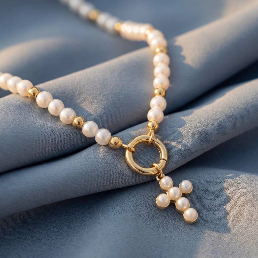 Cross Pendant Pearl And Metallic Beaded Necklace: GDCRM