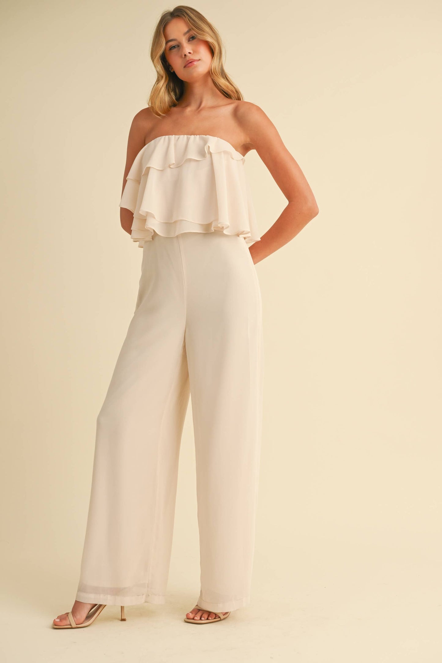 IJP3029 CHIFFON RUFFLES TUBE JUMPSUIT: CREAM / L