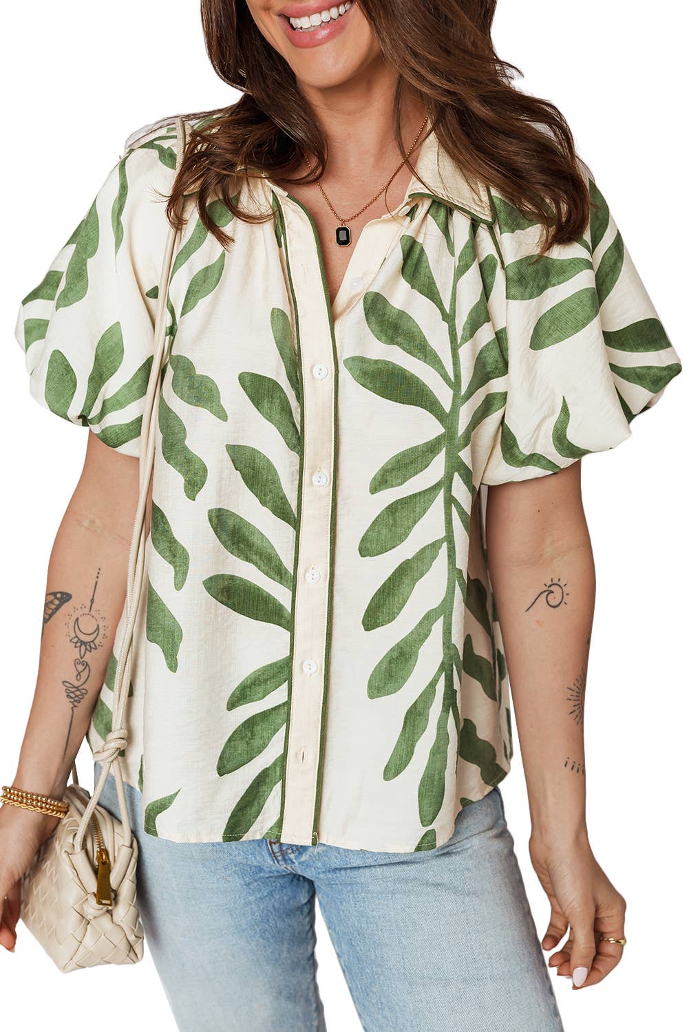 Green Leaf Print Short Balloon Sleeve Shirt | S-XL: Green / XL