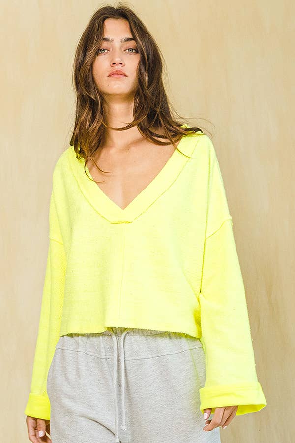 T2240 Cutout Back Adjustable Tie Pullover Crop Top: NEON YELLOW / S-M-L (2-2-2)
