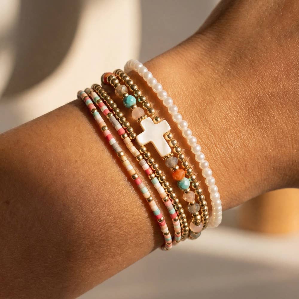 Sea Shell Cross Charm Mixed Mini Beaded Bracelet Set: MUL
