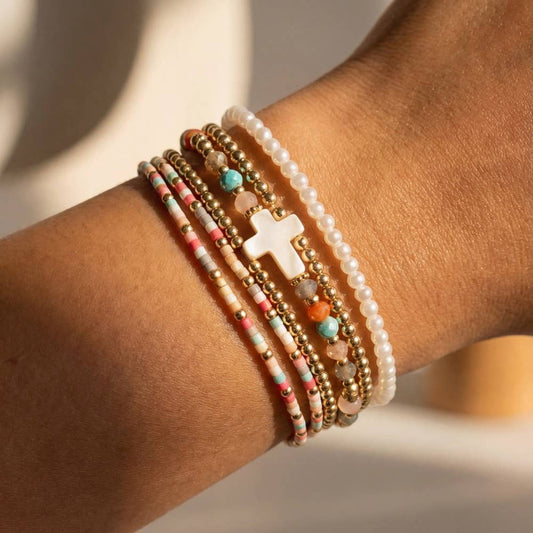 Sea Shell Cross Charm Mixed Mini Beaded Bracelet Set: MUL