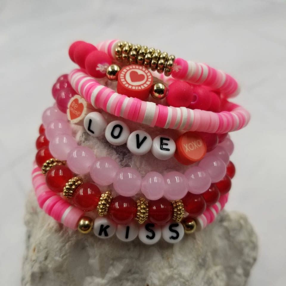 Valentine's Day KISS LOVE Heishi Bracelet - Set Of 7