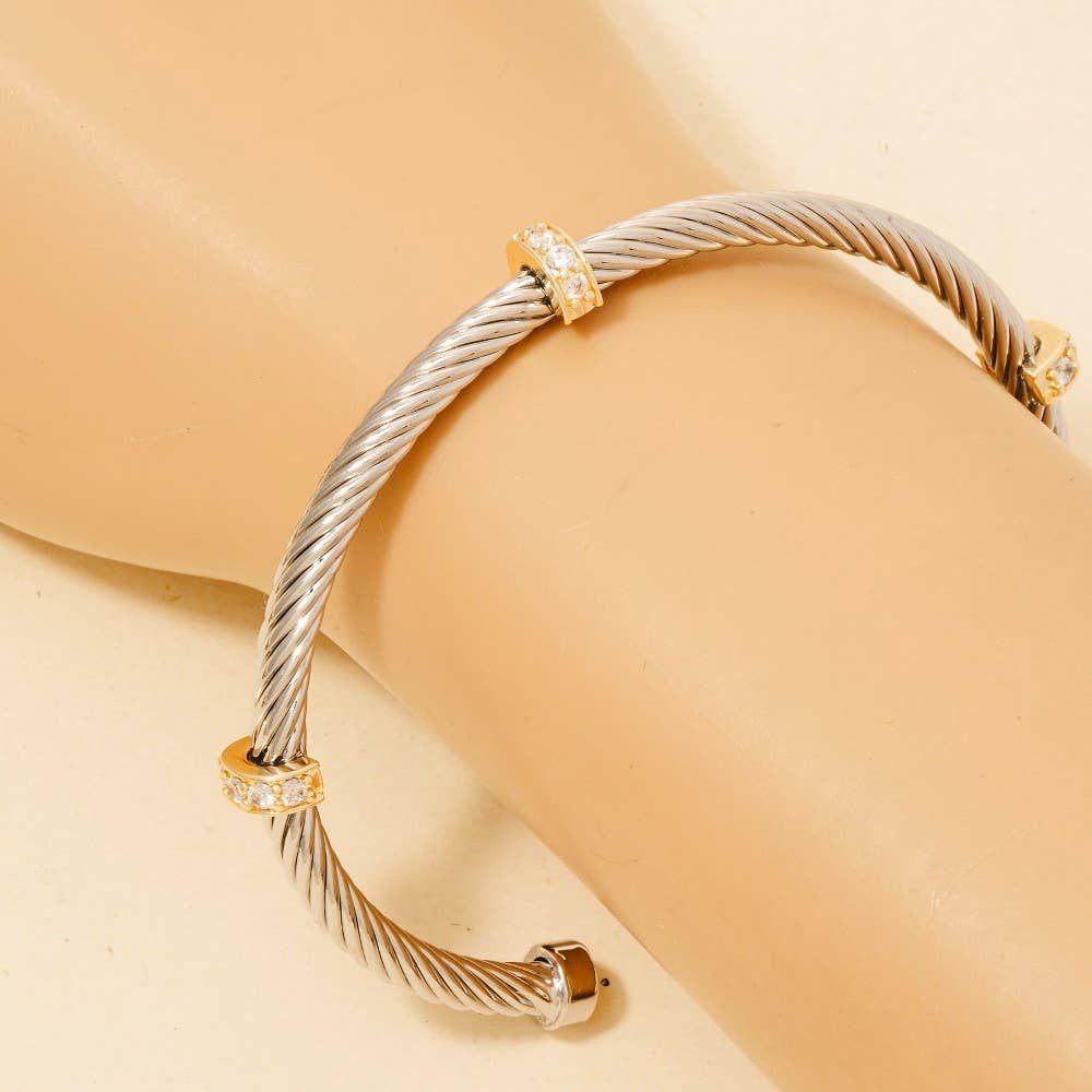 Two Tone Cz Station Rope Cuff Bracelet: T