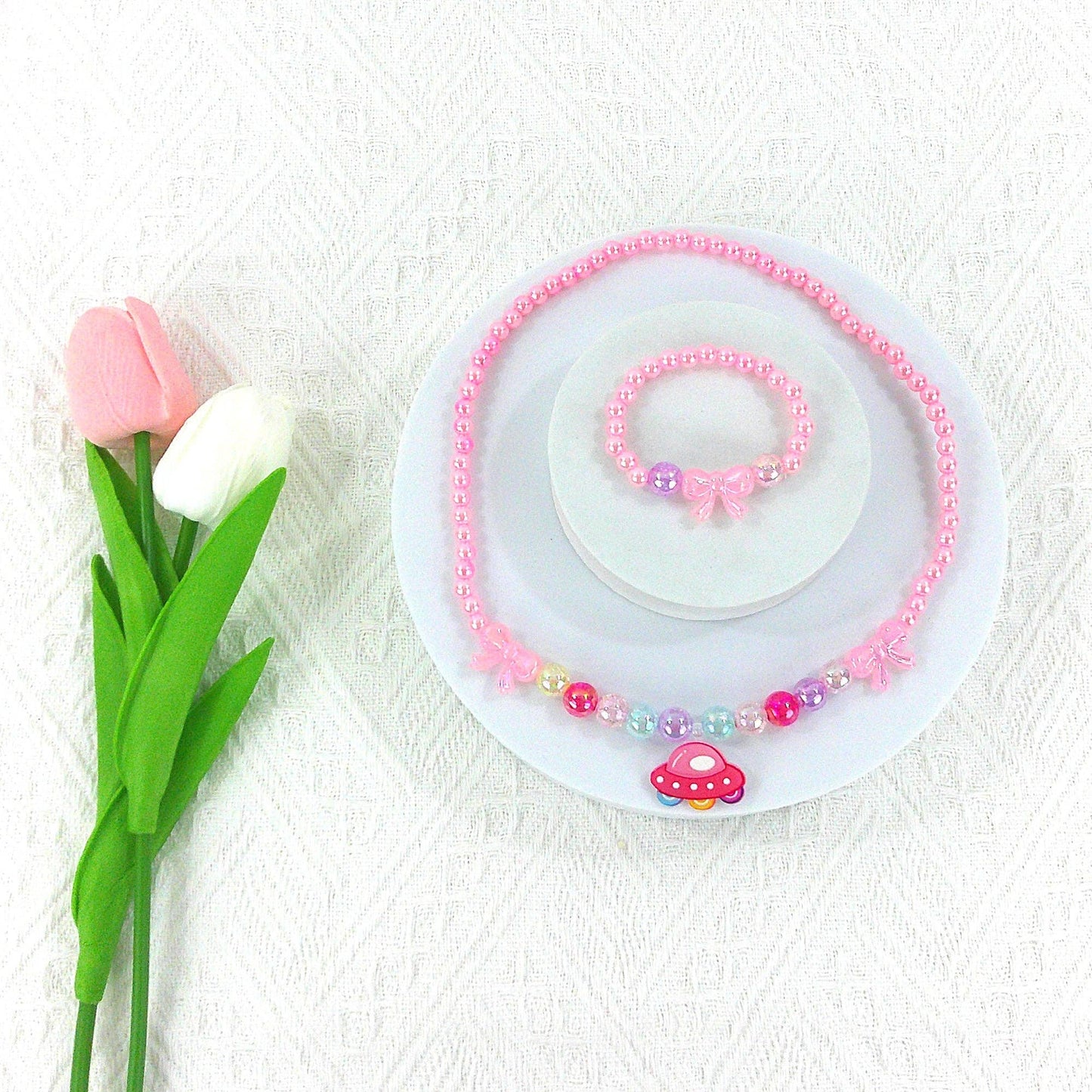 KIDS BEADS CHARM NECKLACE AND BRACELET JEWELRY SET 4315-1 : FLOWER