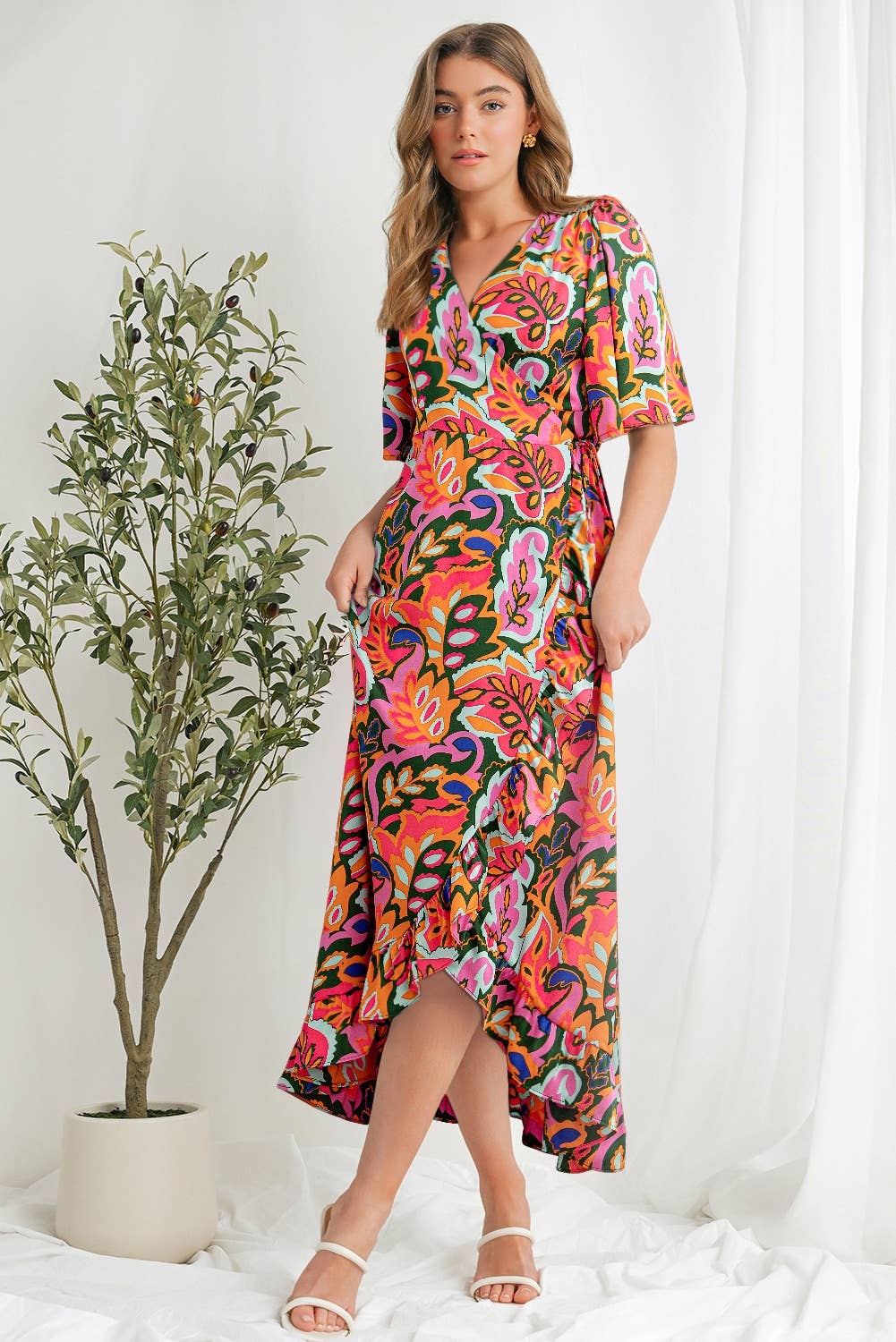 Tropical Print V Neck Asymmetric Slit Maxi Dress | S-XL: As shown / Missy / S
