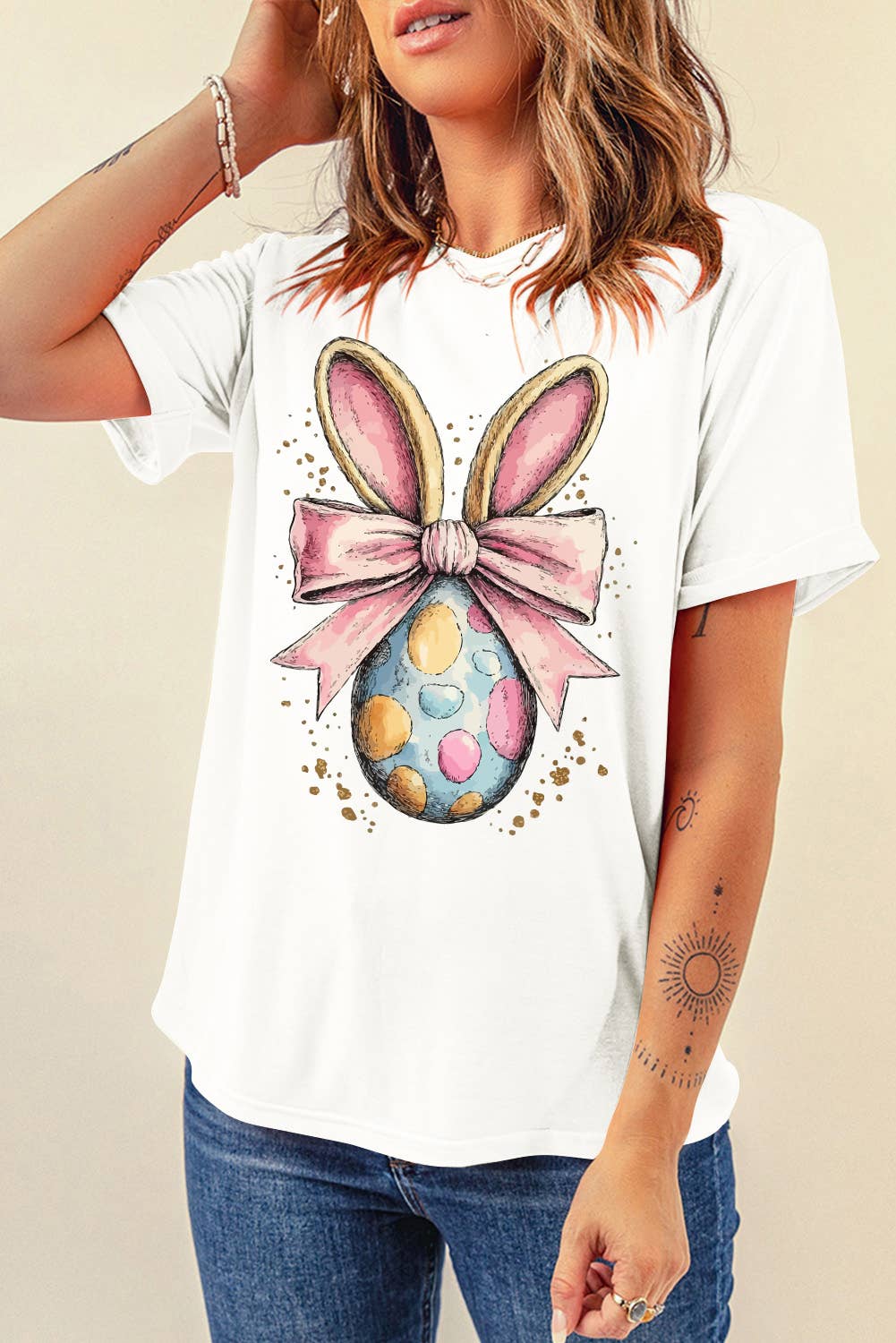 LDC Easter Egg Bow Bunny Ear Printed T Shirt: White / 2XL