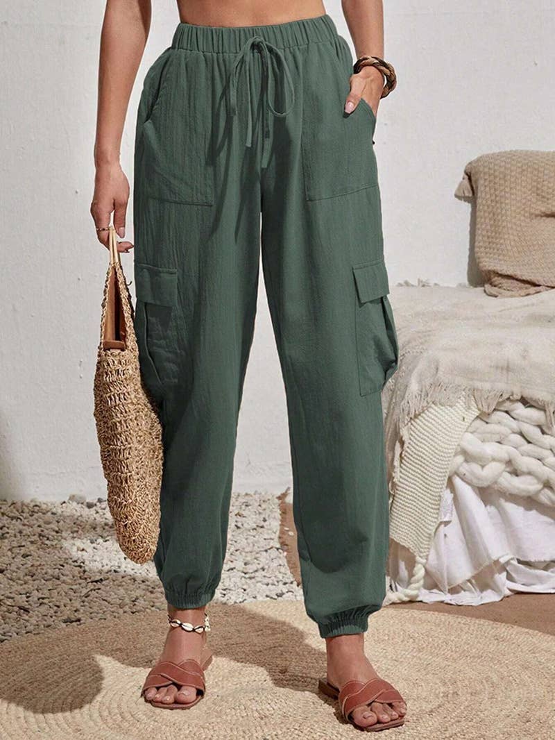Wash Water Crepe Pocket Casual Cargo Pants: Green / L