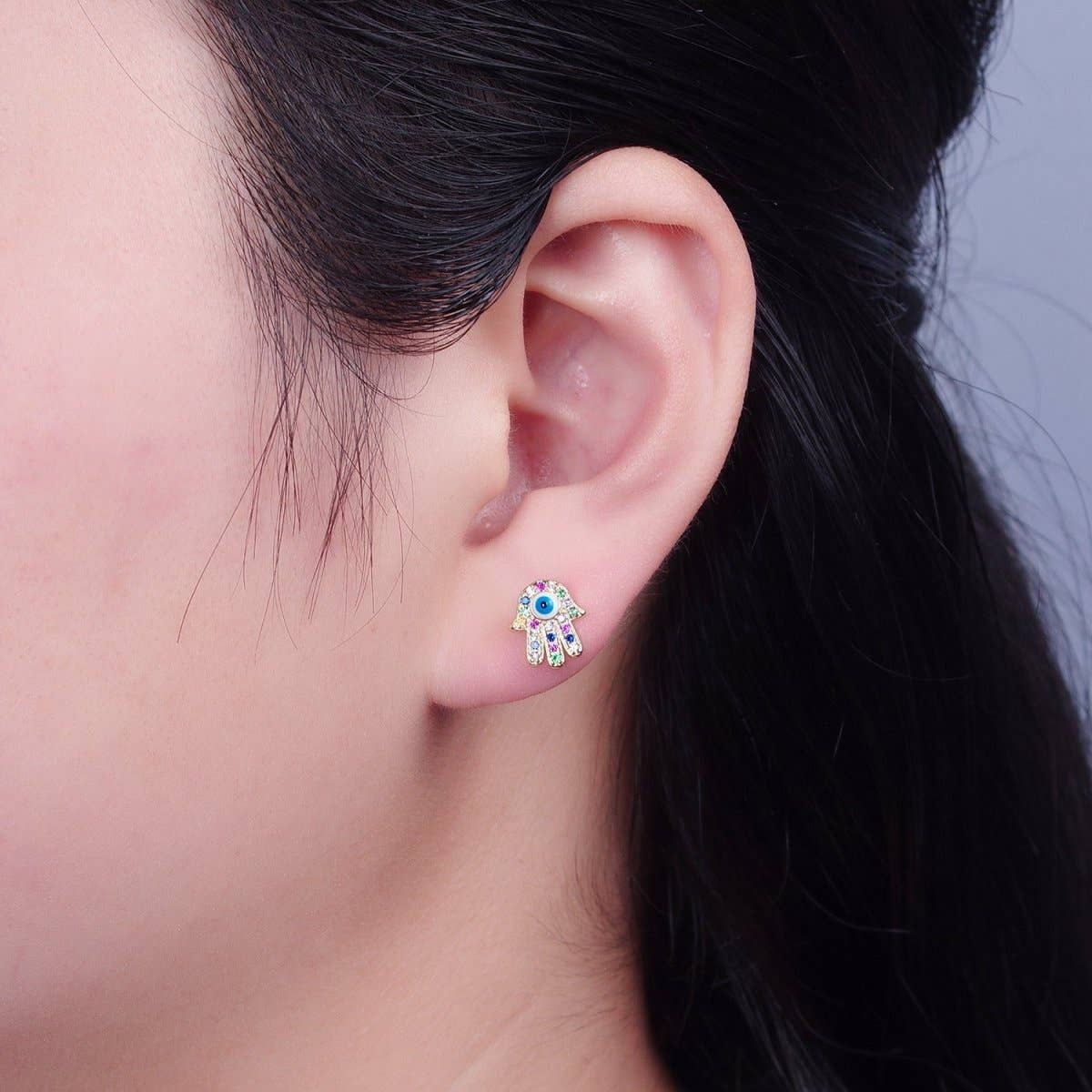 Multi Color Hand Stud Earring Gold Evil Eye Pave Earring T-500