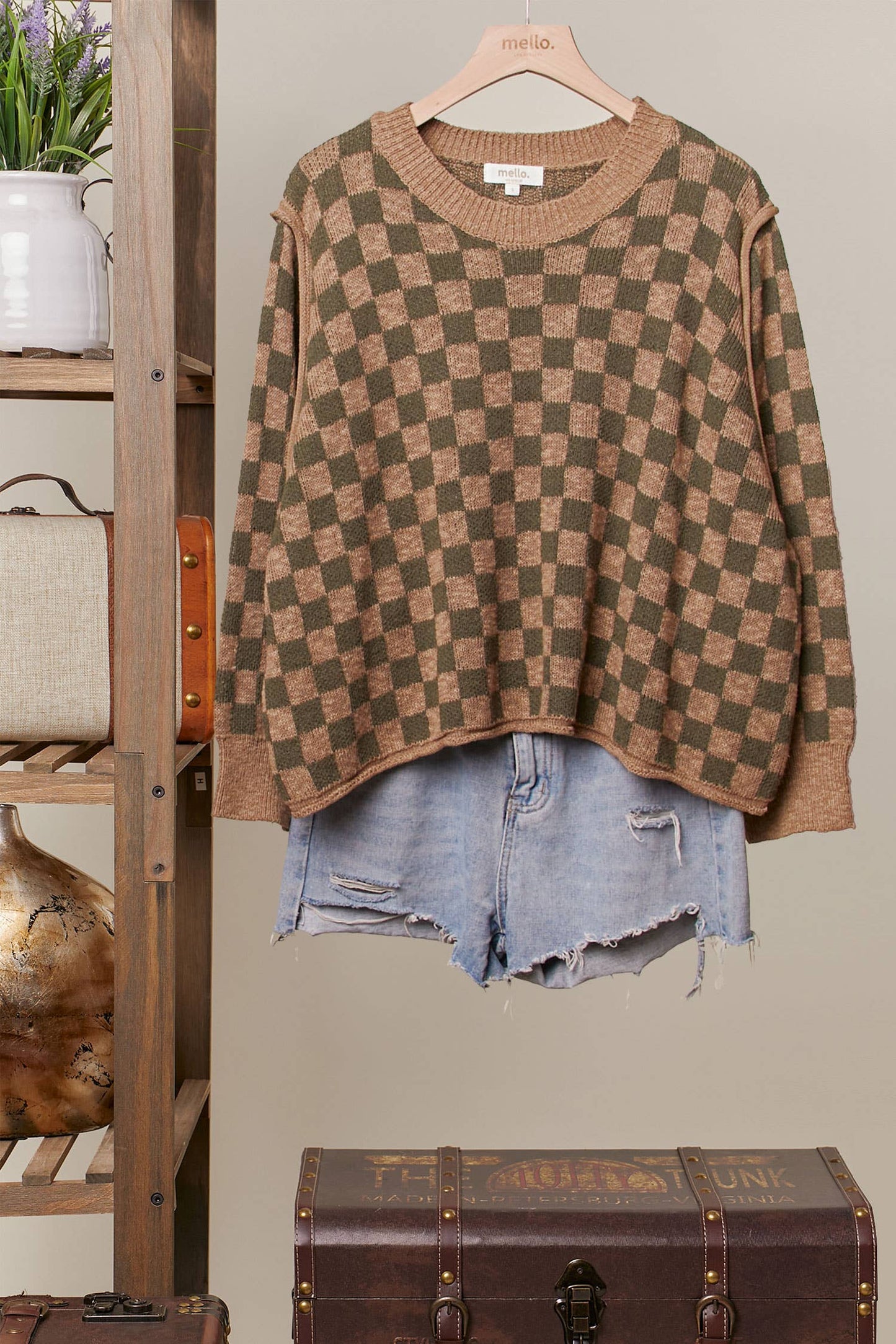 Checker Knit Sweater: Olive / L