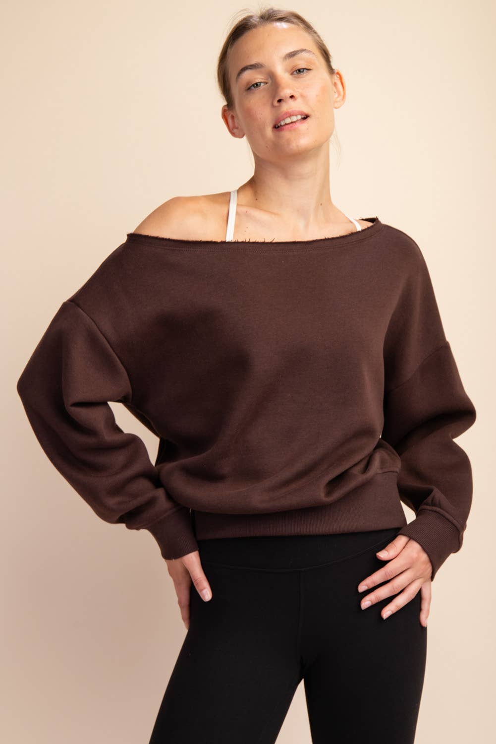 FRENCH TERRY FLEECE OFF SHOULDER SWEATSHIRT: Eucalyptus / S-M-L(2-2-2)