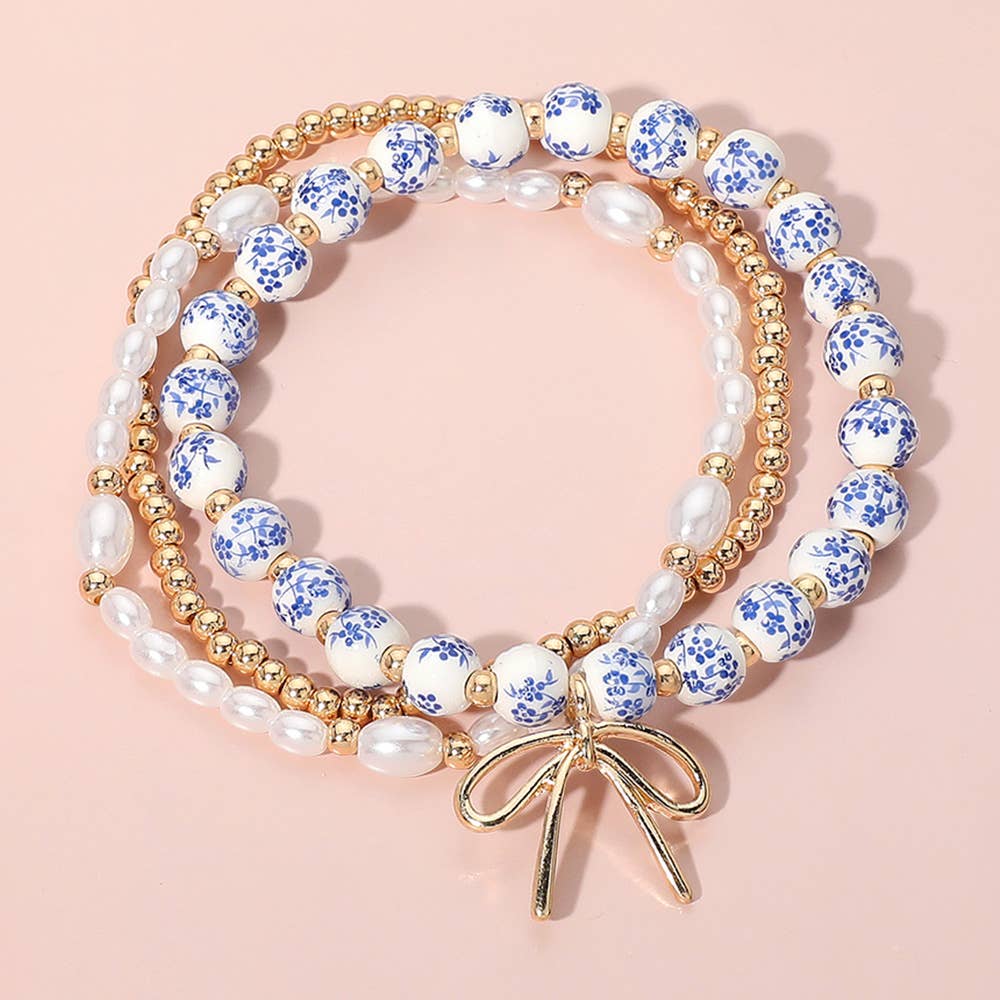 3PCS - Metal Bow Charm Pointed Ceramic Ball Pearl Bracelets